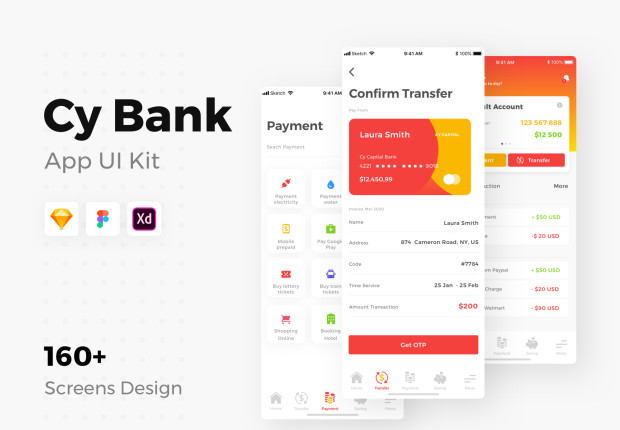 Cyber Bank App UI Kit - Minimalist & clean style... +160 premium screens