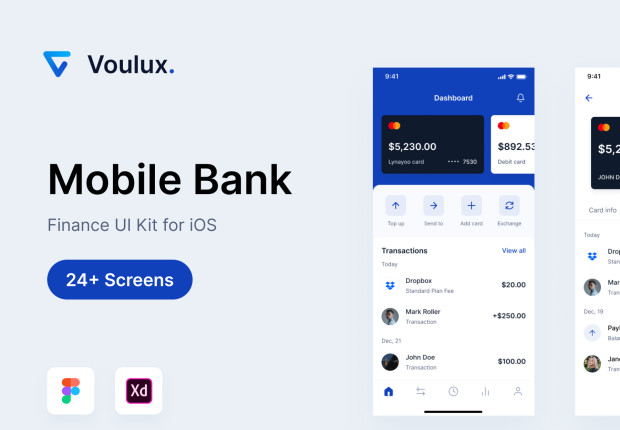 VLX - Figma & XD Mobile Bank UI Kit (24+ Premium Screens)